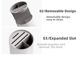 Detail of the detachable kitchen knife holder featuring a widened slot and grey interior