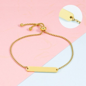 Polished gold bar bracelet with adjustable box chain and oval rectangle metal plate