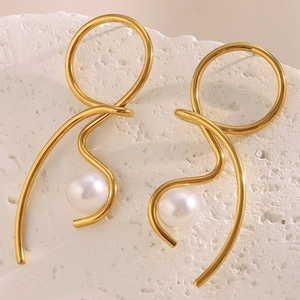 Knotted Line Stud Earrings Stainless Steel 18K Gold Plated Imitation Artificial Pearl Minimalist Niche Chic Style Jewelry For Women