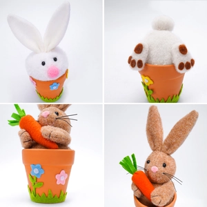 Detailed views of felt Easter bunnies in mini flower pots with floral grass accents