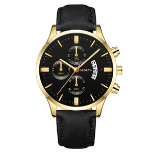 Montre d'affaires pour hommes avec boîtier doré, bracelet en cuir noir et date