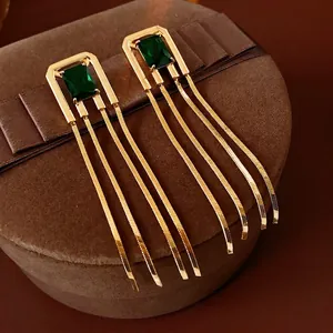 French vintage emerald green square zircon tassel earrings with gold finish metal