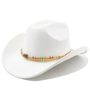 Detail of white suede cowboy hat featuring colorful beaded trim and a center focal bead
