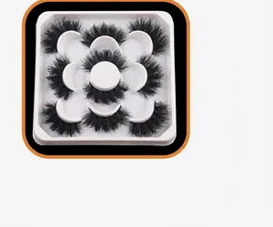 Detailed view of 7 pairs of thick black fiber eyelashes in a white plastic tray