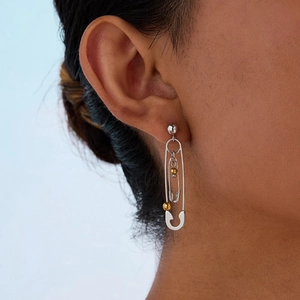 Titanium steel paperclip earrings in two-tone silver and gold with three small beads