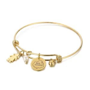 Bracelet Jonc De Noël En Acier Inoxydable Avec Künstliche Perle Et Breloques Petite Fille Ajustable Pour Femmes