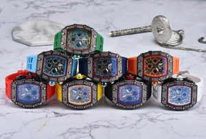 Detailed macro shot of various color fluororubber straps for tonneau chronograph watches