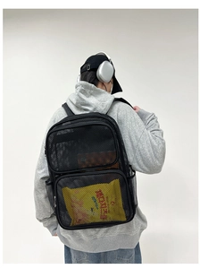 Detail of breathable black mesh backpack with large main compartment and front pocket
