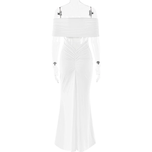Detail of white strapless maxi dress with pleated waist and fishtail hemline design