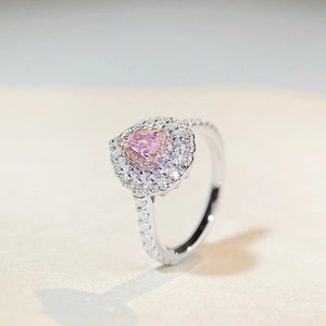 Elegant S925 sterling silver ring with waterdrop pink gemstone and halo of clear crystals