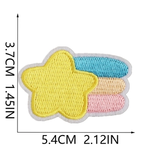 Detailed view of colorful shooting star embroidery patch with precise size measurements