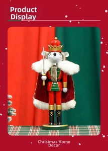 Detailed close-up of a 36cm wooden mouse nutcracker soldier with red velvet cape and crown