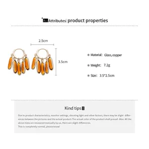 Detail view of oval crystal tassel earrings measuring 3.5cm by 2.5cm in size
