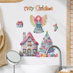 Pink watercolor Christmas house wall decals with angel and tree for holiday home decor