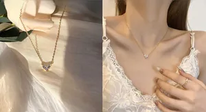 Macro shot of gold heart pendant with clear zircons and model wearing the necklace