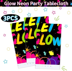 Detailed set of 3 Let's Glow neon party tablecloths with vibrant paint splatter patterns
