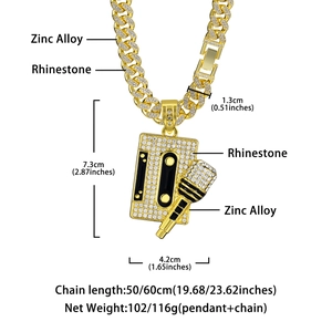 Iced out gold hip hop necklace featuring tape and microphone pendant with alloy rhinestones