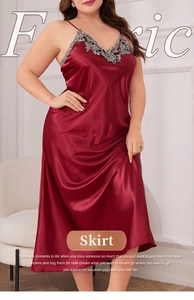 Close-up of wine red satin nightdress with delicate grey lace trim and V-neck detail