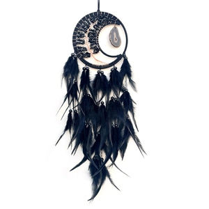 Handmade black dream catcher with tree of life pattern, agate slice and feathers