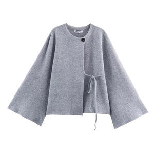 Pull Court Tricoté Pour Femmes Col Rond Manches Cloches Fendues Gris Uni Élégant Haut Tricoté Ample
