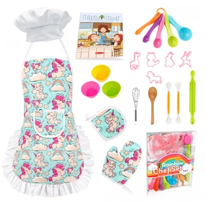 Flat lay of 24pcs unicorn themed kids baking set with apron, chef hat, and tools