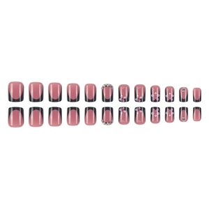Pink French press-on nails with black tips, cherry blossoms, and rhinestones in 24 pieces