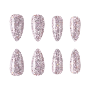 Detail view of pink almond shaped press-on nails with shiny silver glitter sparkles