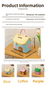 Dettaglio della borsa da toilette a forma di casa in pelle PU con dimensioni e materiali