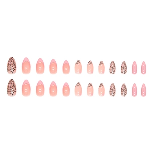 Pink almond press-on nails set with black spider web and French tip designs, 24 pieces