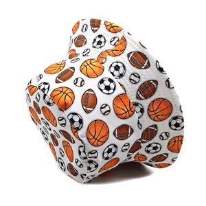White bucket hat featuring basketball and soccer prints for outdoor sun protection
