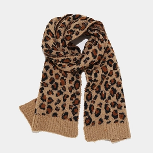 Three-piece winter set with leopard print knit beanie, warm scarf, and gloves