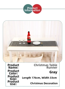 Grey Christmas table runner with star prints and lace trim, size 176cm x 33cm