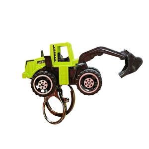 Miniature green alloy excavator keychain with black tracks and silver metal rings
