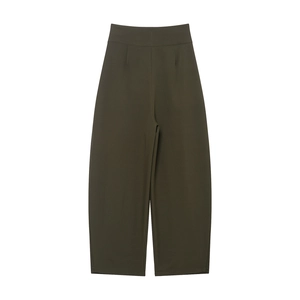 Olive green high-waisted pleated balloon trousers for women in a loose-fit minimalist style