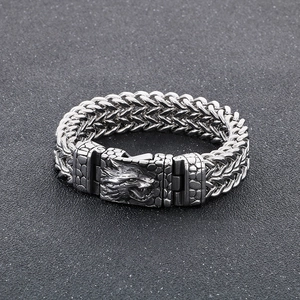 Détail du fermoir tête de loup et du bracelet en acier inoxydable à double tresse
