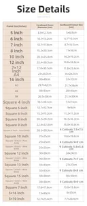 Detailed size chart for photo frame mat inserts including square and multi-grid dimensions