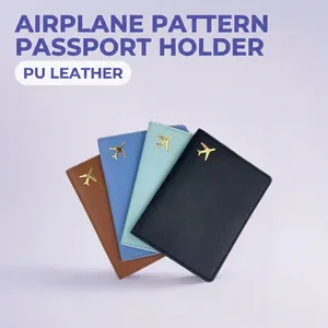 Passport Holder PU Leather Small Airplane Pattern Travel Document Case With Card Slots Minimalist Slim Wallet