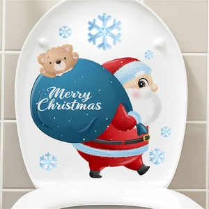 Christmas Santa Claus and bear toilet lid stickers with snowflakes for bathroom decoration