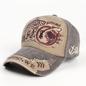 Detail of vintage khaki baseball cap with shark embroidery and distressed edges