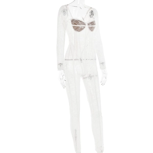 Detailed view of white lace bodysuit with sheer sleeves and scalloped neckline on mannequin