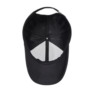 Classic black men's baseball cap showing interior 6-panel structure and metal buckle strap