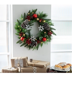 Detail of 40cm Christmas wreath with PE mixed leaves, pine cones and warm LED lights