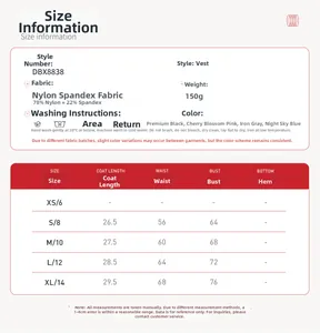 Size chart for women yoga sports vest featuring nylon spandex blend fabric details