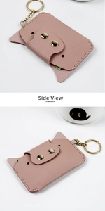 Side view of cute pink cat leather card holder with gold clasp and keychain ring