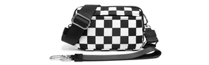 Macro detail of checkered nylon crossbody bag with adjustable strap and silver hardware