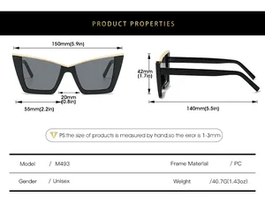 Detailed size chart for cat eye sunglasses with frame width and temple length specifications