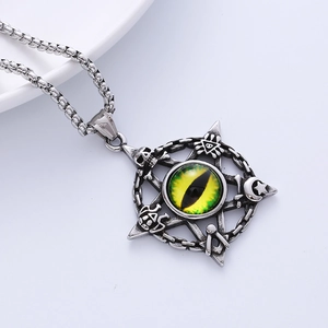 Punk vintage pentagram skull pendant with evil eye in retro silver steel