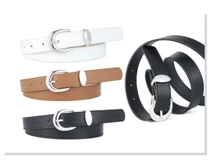 Set of four minimalist PU leather belts in white, brown, and black with silver buckles