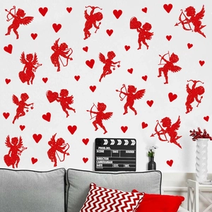 Glittery red Cupid and heart wall stickers set for romantic Valentine's Day room decor