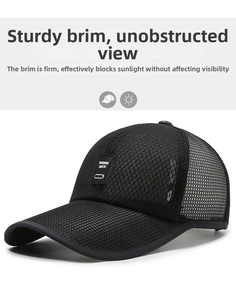 Detail of black mesh baseball cap showing breathable fabric and square patch logo